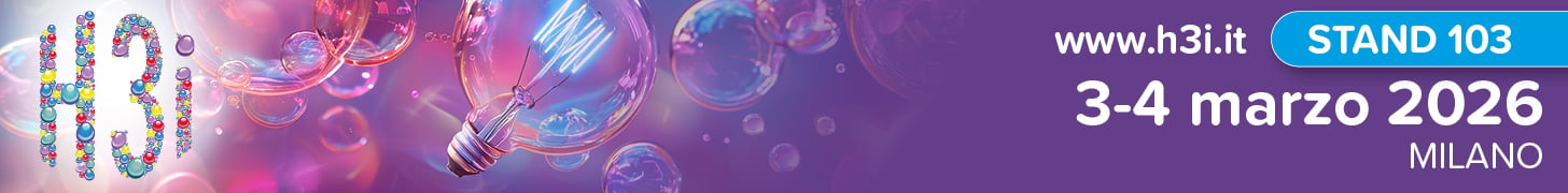 Bannière colorée pour l’événement H3i Milan 2026 avec des ampoules et des bulles