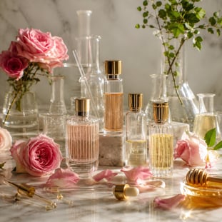 Laboratoire de parfumerie avec flacons en verre de luxe et pétales de rose