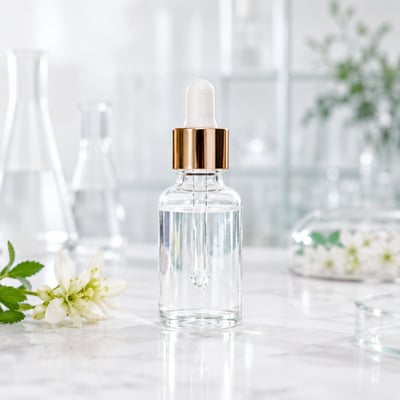 Flacon de sérum cosmétique botanique avec pipette sur plan de laboratoire pour formulations skincare anti-age naturelles